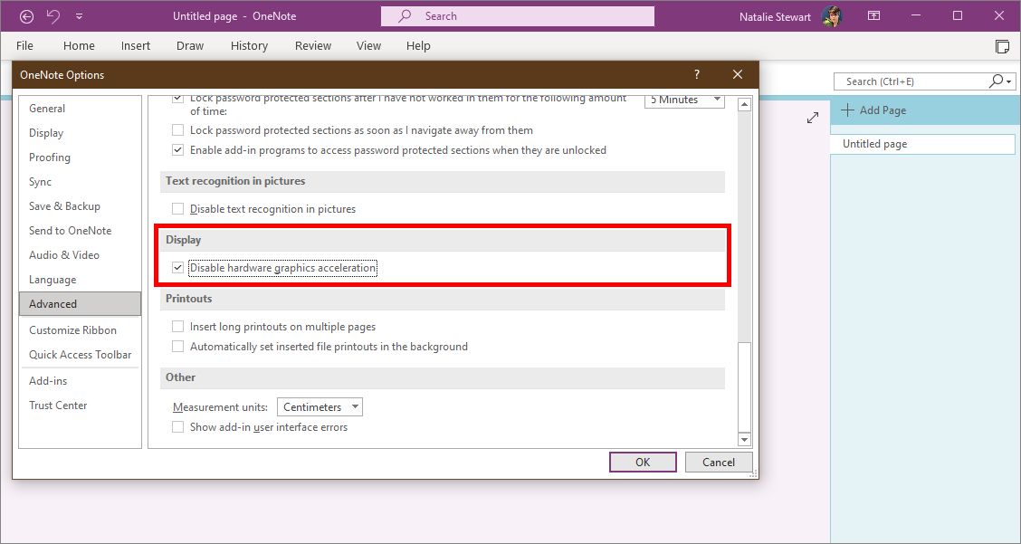 OneNote for Windows advanced settings with Display settings highlighted