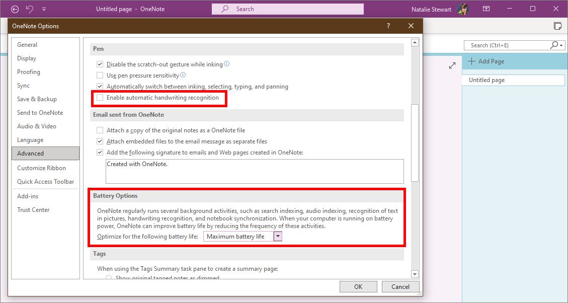 OneNote for Windows with Pen and Battery options highlighted