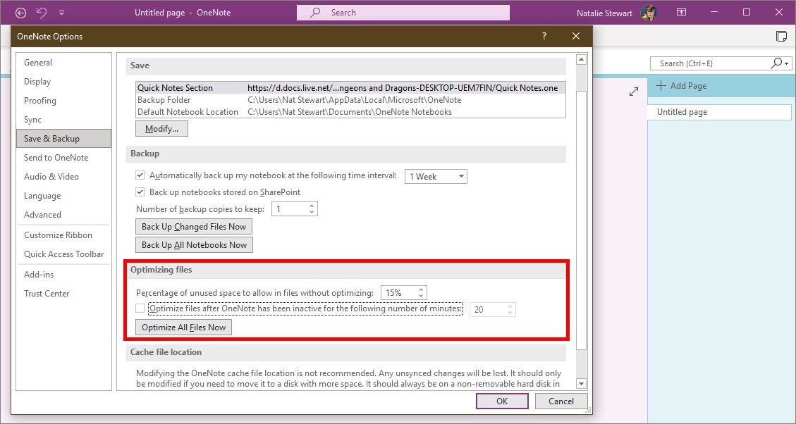 OneNote for Windows save and backup settings with file optimization highlighted