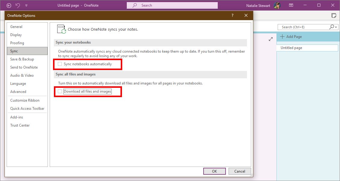 OneNote for Windows settings with sync options highlighted
