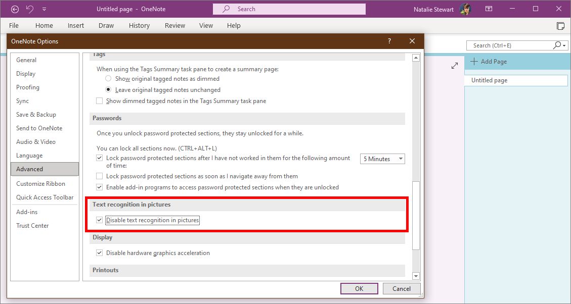 OneNote for Windows advanced settings with text recognition highlighted