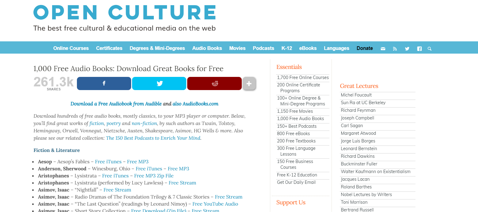 A screenshot of Open Culture's landing page