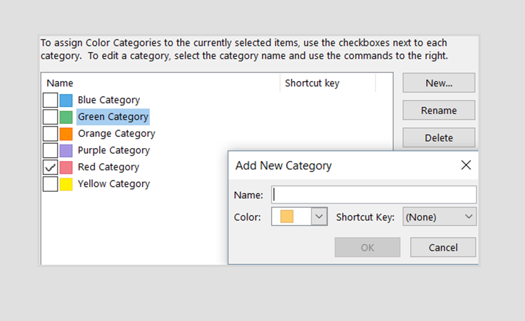 Outlook Categories Window Screenshot 