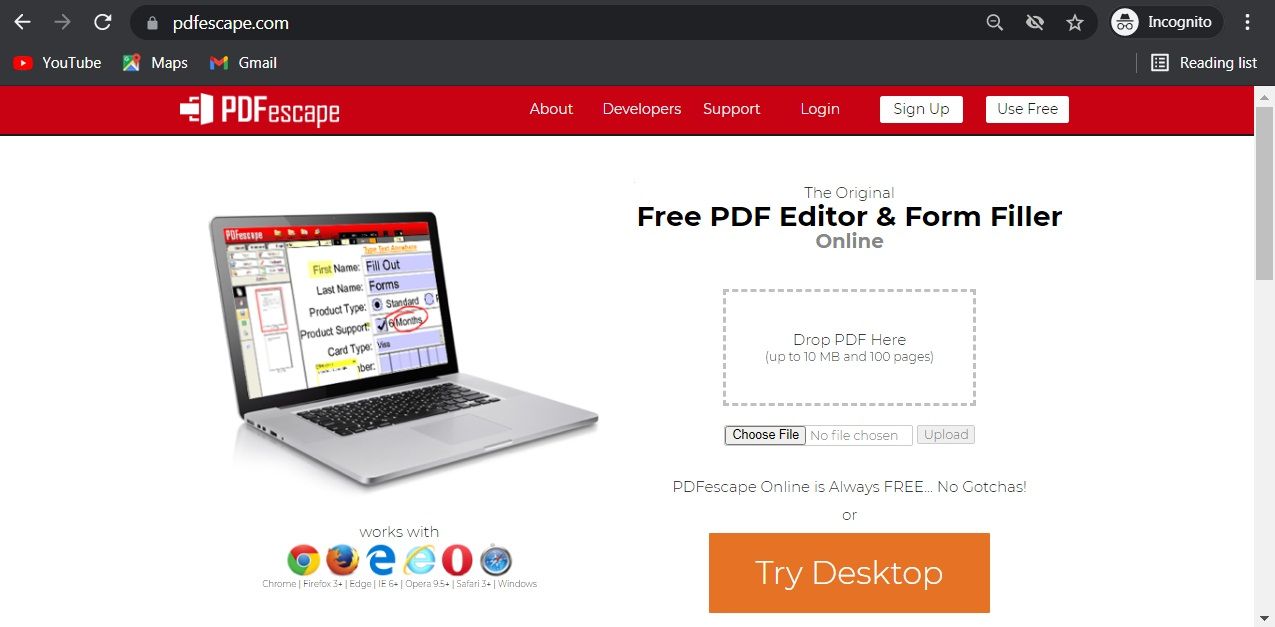 Screenshot of PDFescape web browser