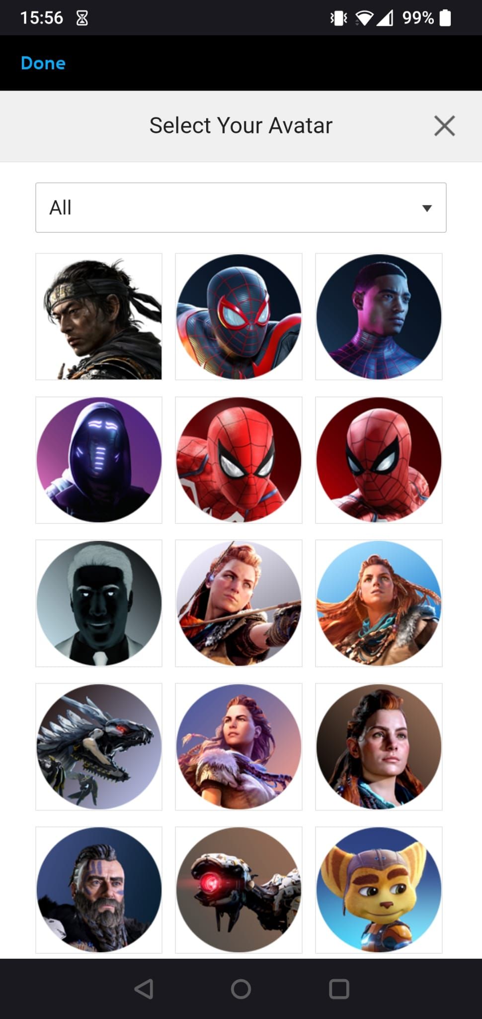 The Select Your Avatar section of the PS App on Android.