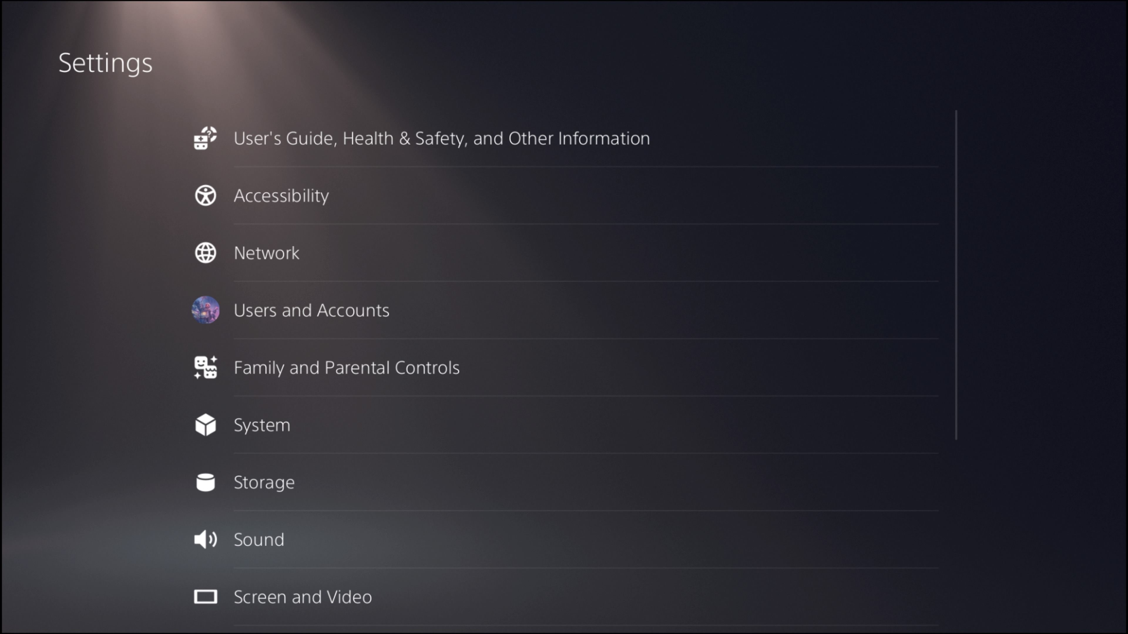 Settings page of PS5
