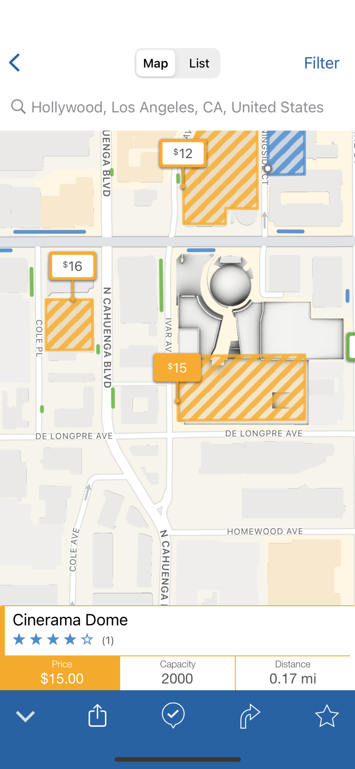 Parkopedia app showing parking in Hollywood