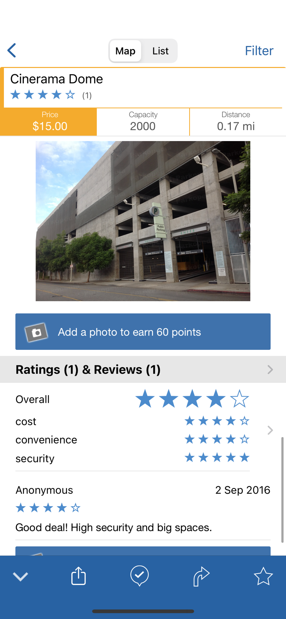 Parkopedia app showing individual car park's images and ratings