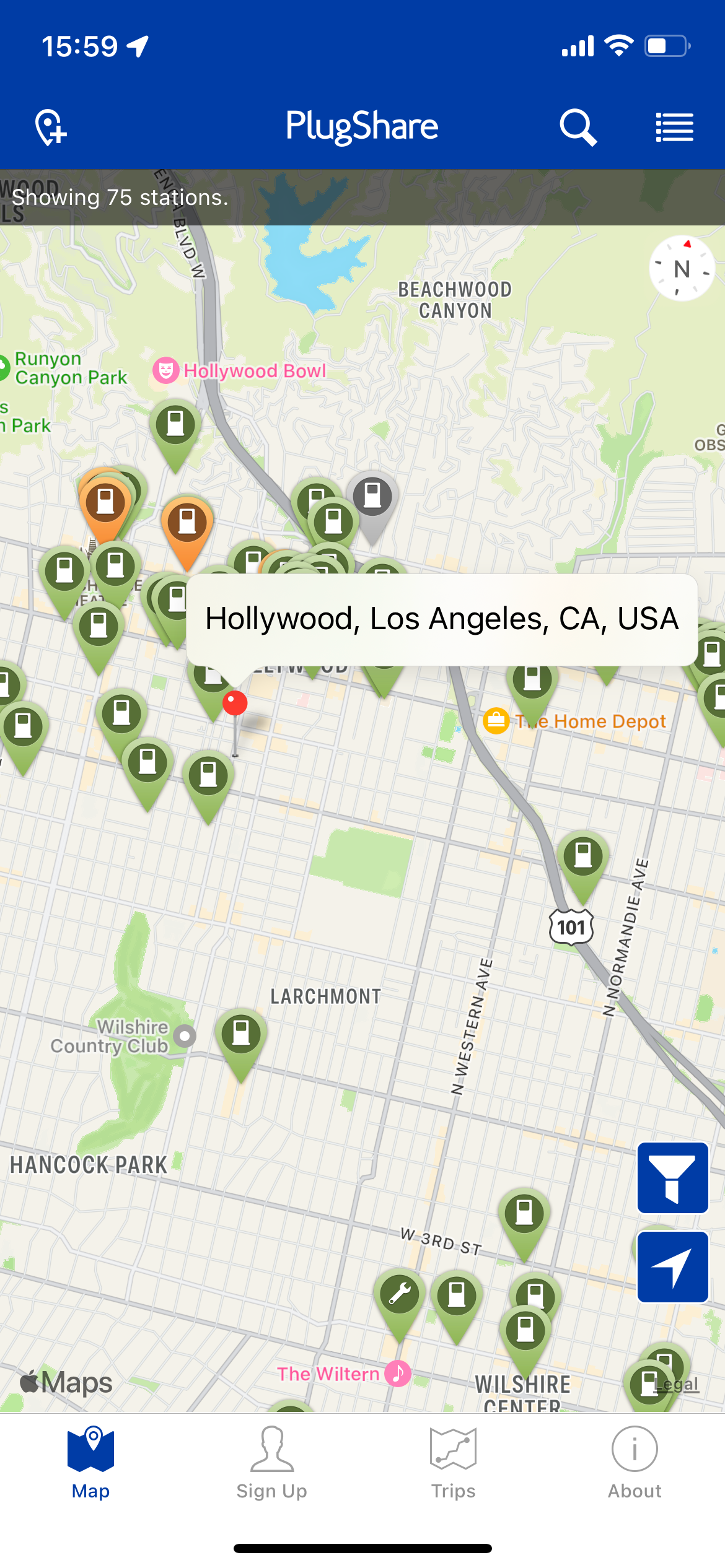 Plugshare app showing Electric Vehicle charging points in Hollywood