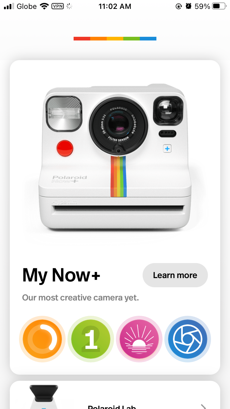 Polaroid Now+ App Screenshot of Home Page