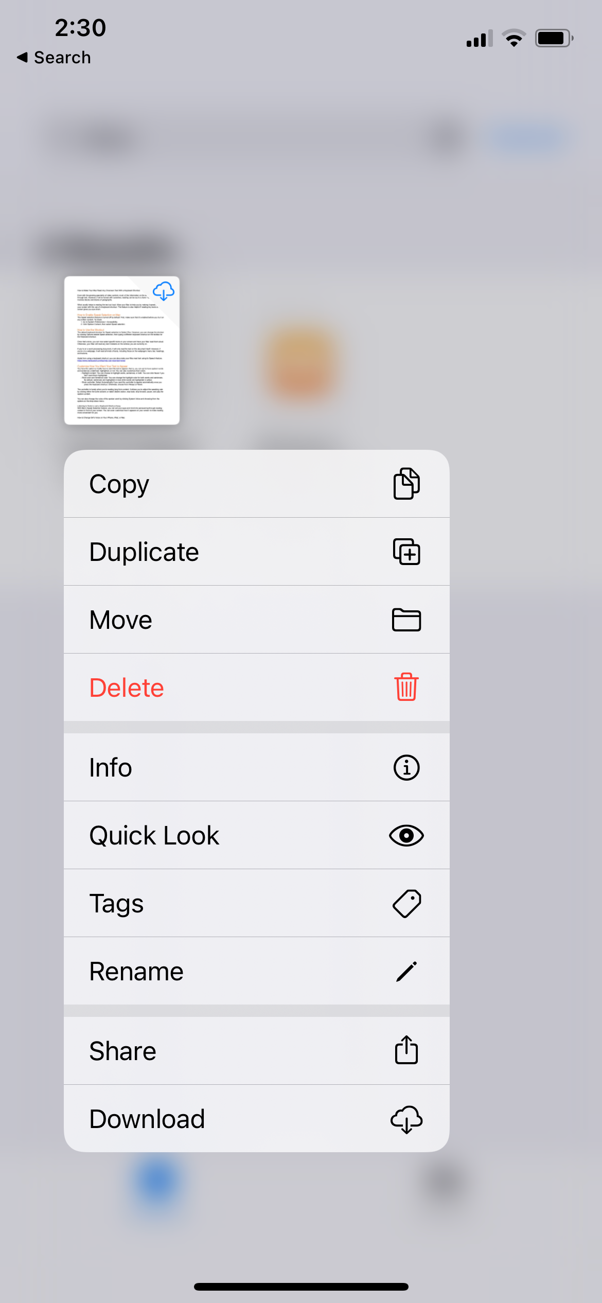 Pop-up Menu Showing Share After Choosing a File on iCloud