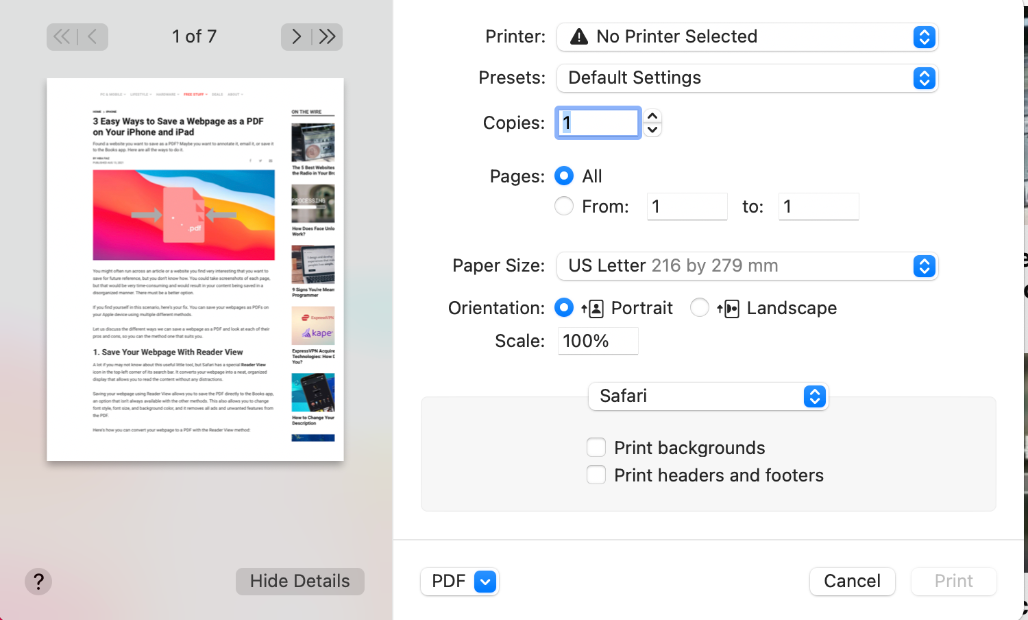 Print PDF Option in Safari - 3 semplici modi per salvare una pagina Web come PDF utilizzando Safari su un Mac