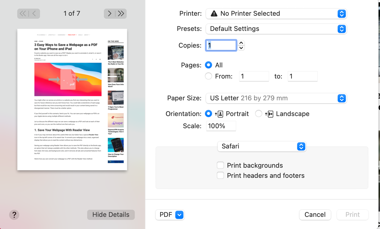 3 einfache Möglichkeiten zum Speichern einer Webseite als PDF mit Safari auf einem Mac - Print PDF Option in Safari