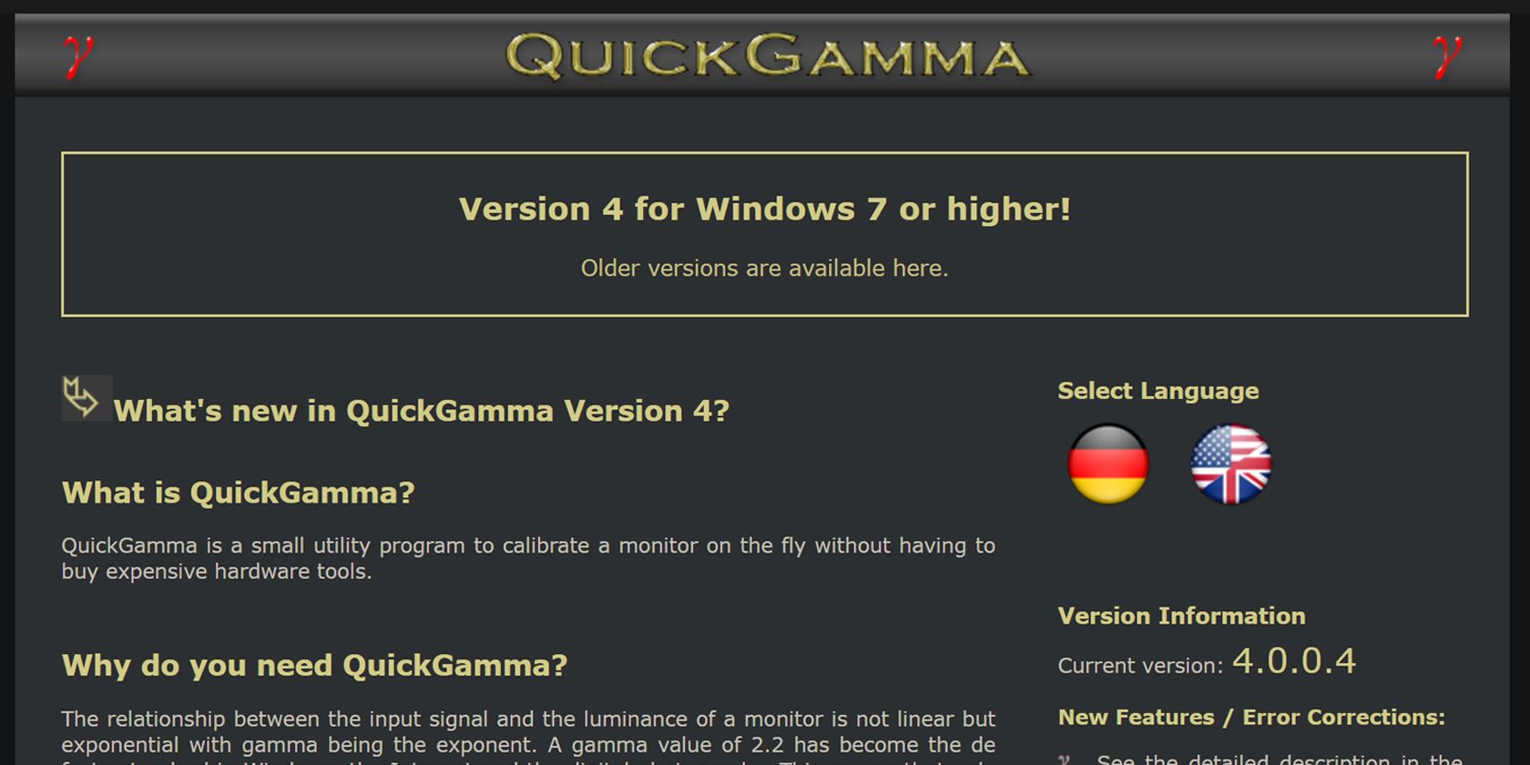 screenshot of QuickGamma website