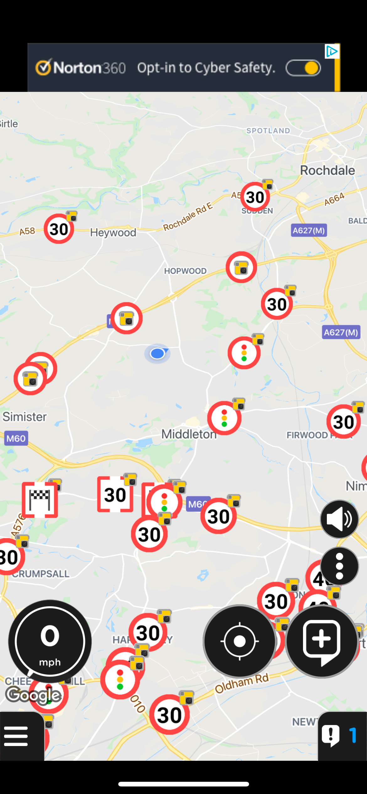 Radarobot app showing speed cameras in Manchester UK