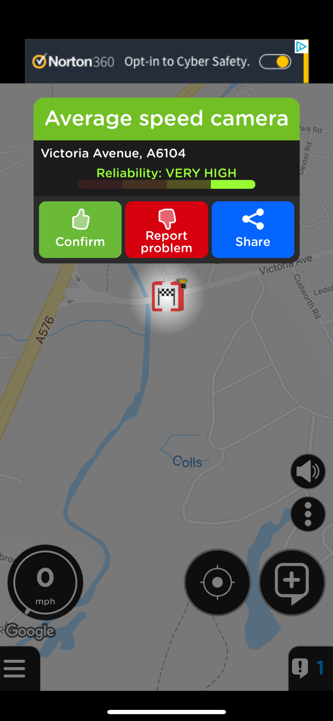 Radarobot app showing an Average Speed Camer's  information