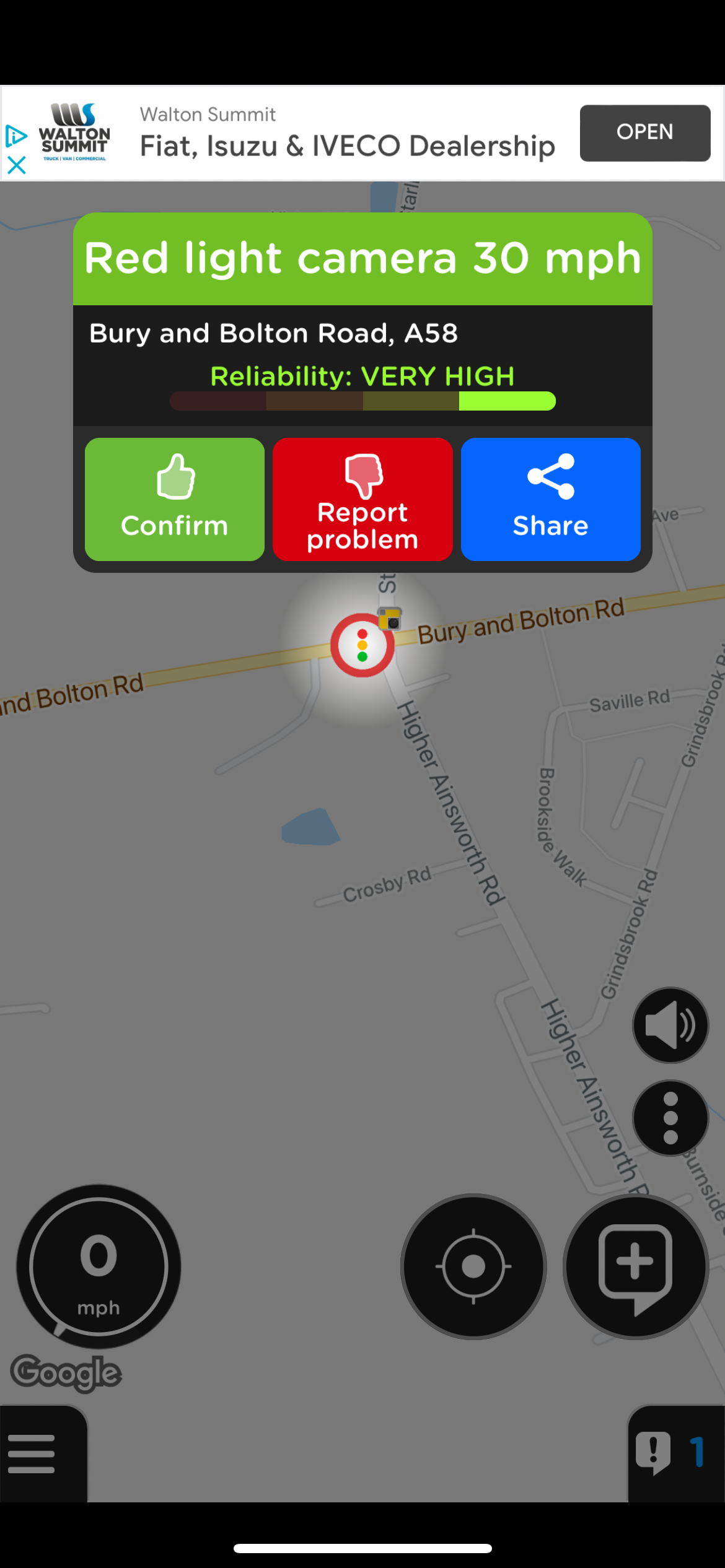 Radarobot app showing a red light camera's information