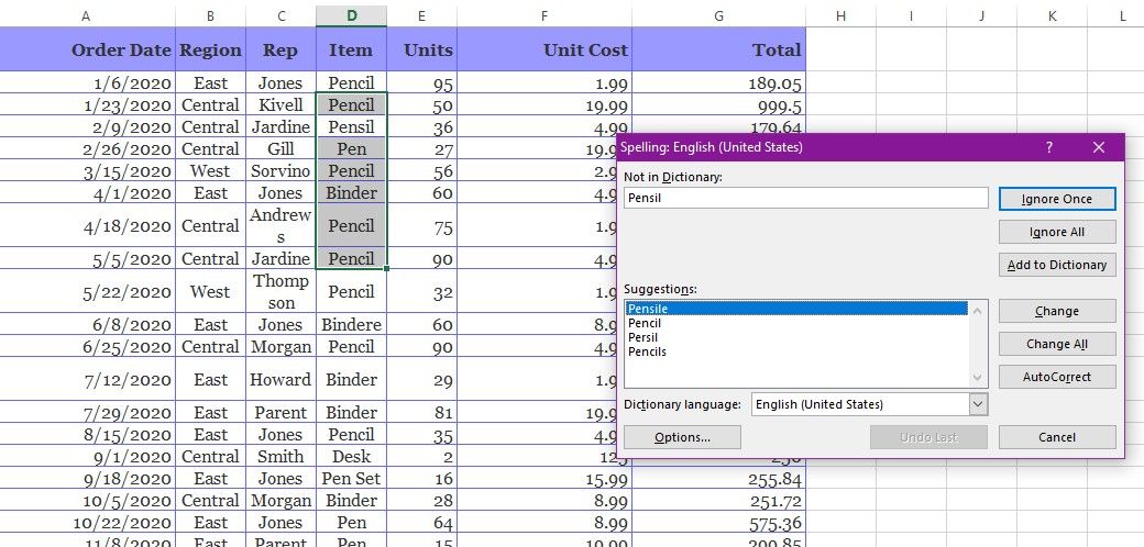 Spelling dialog box with correction options