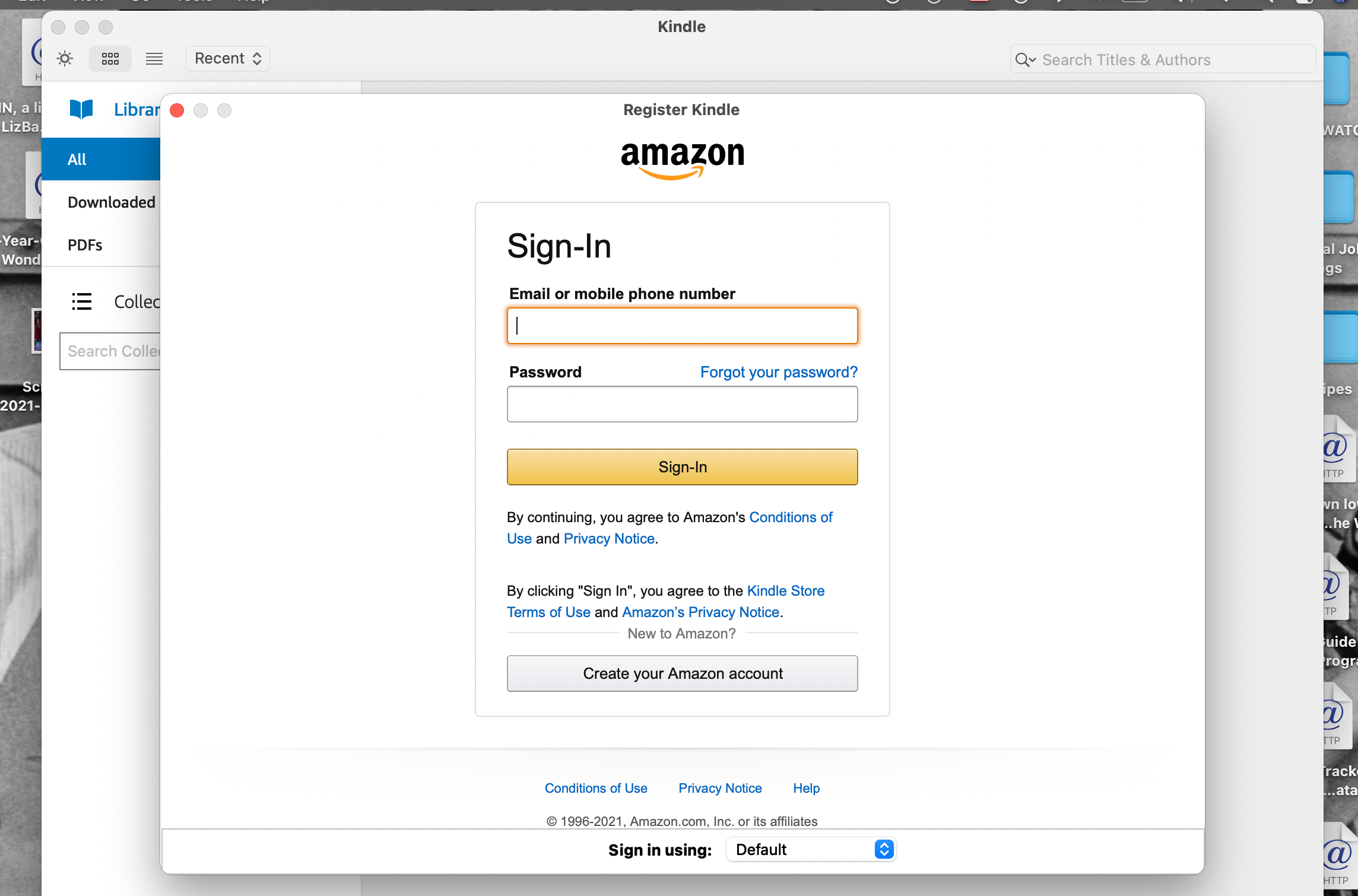 Register Kindle screen and Amazon sign in in Kindle app for Mac