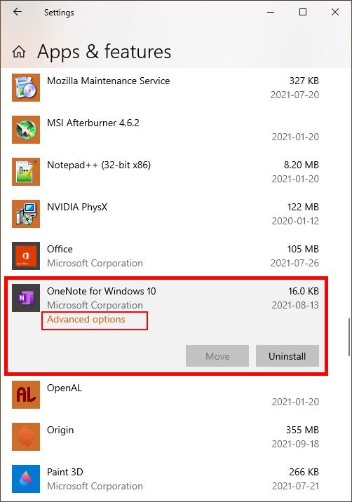 Repairing OneNote in Windows Apps Settings step 2
