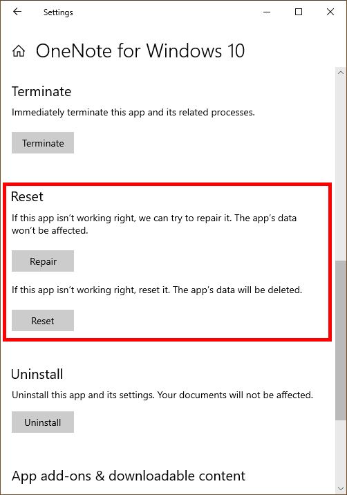 Repairing OneNote in Windows Apps Settings step 3