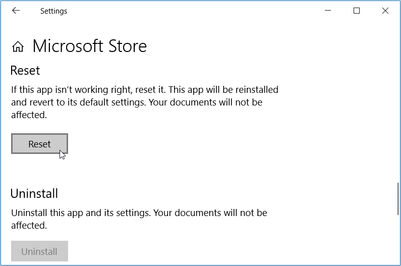 Resetting the Microsoft Store