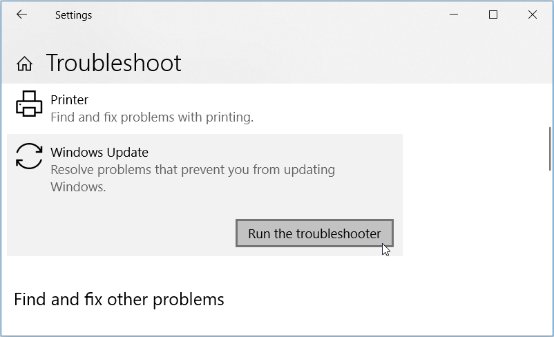 Running the Windows Update troubleshooter tool