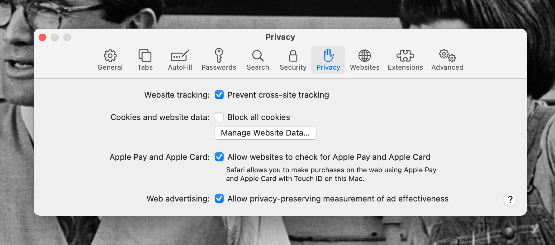 Safari Preferences Privacy tab open