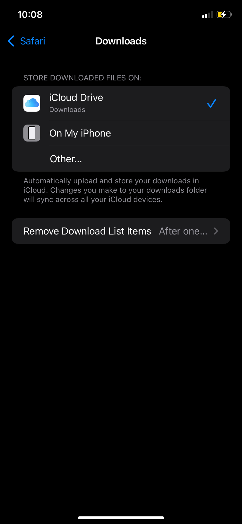 Safari download location settings page on iOS