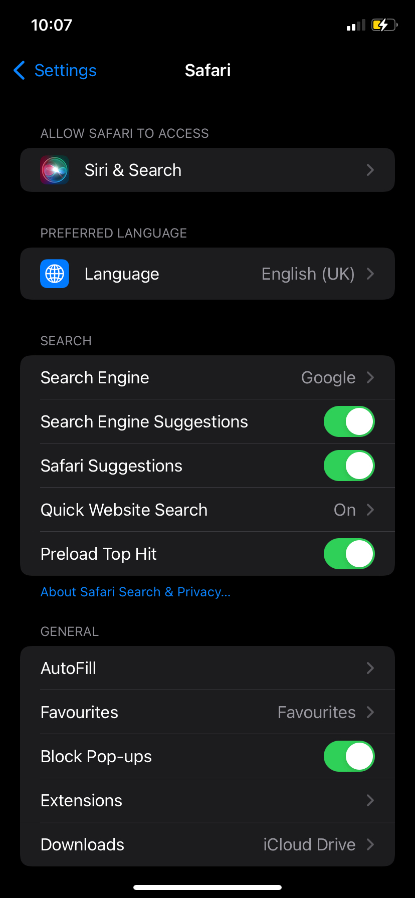 Safari browser settings page on iOS