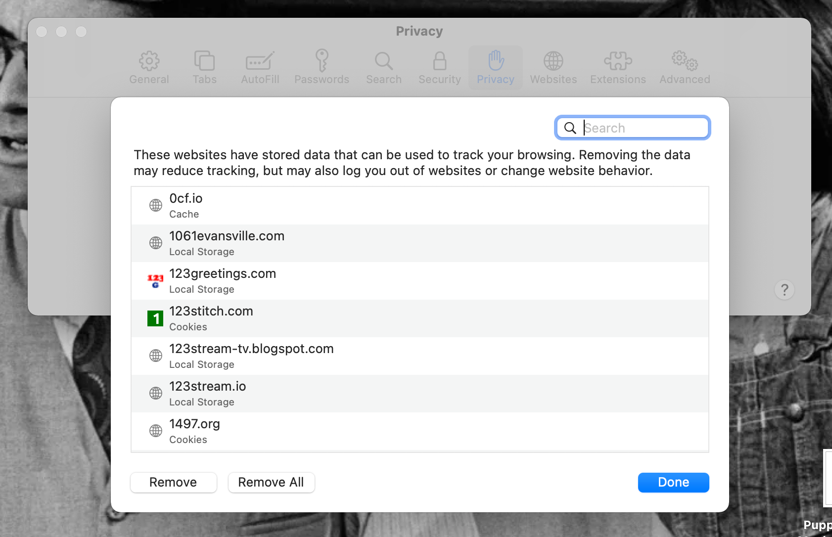Safari website data window open - Come cancellare cache e cookie sul tuo Mac