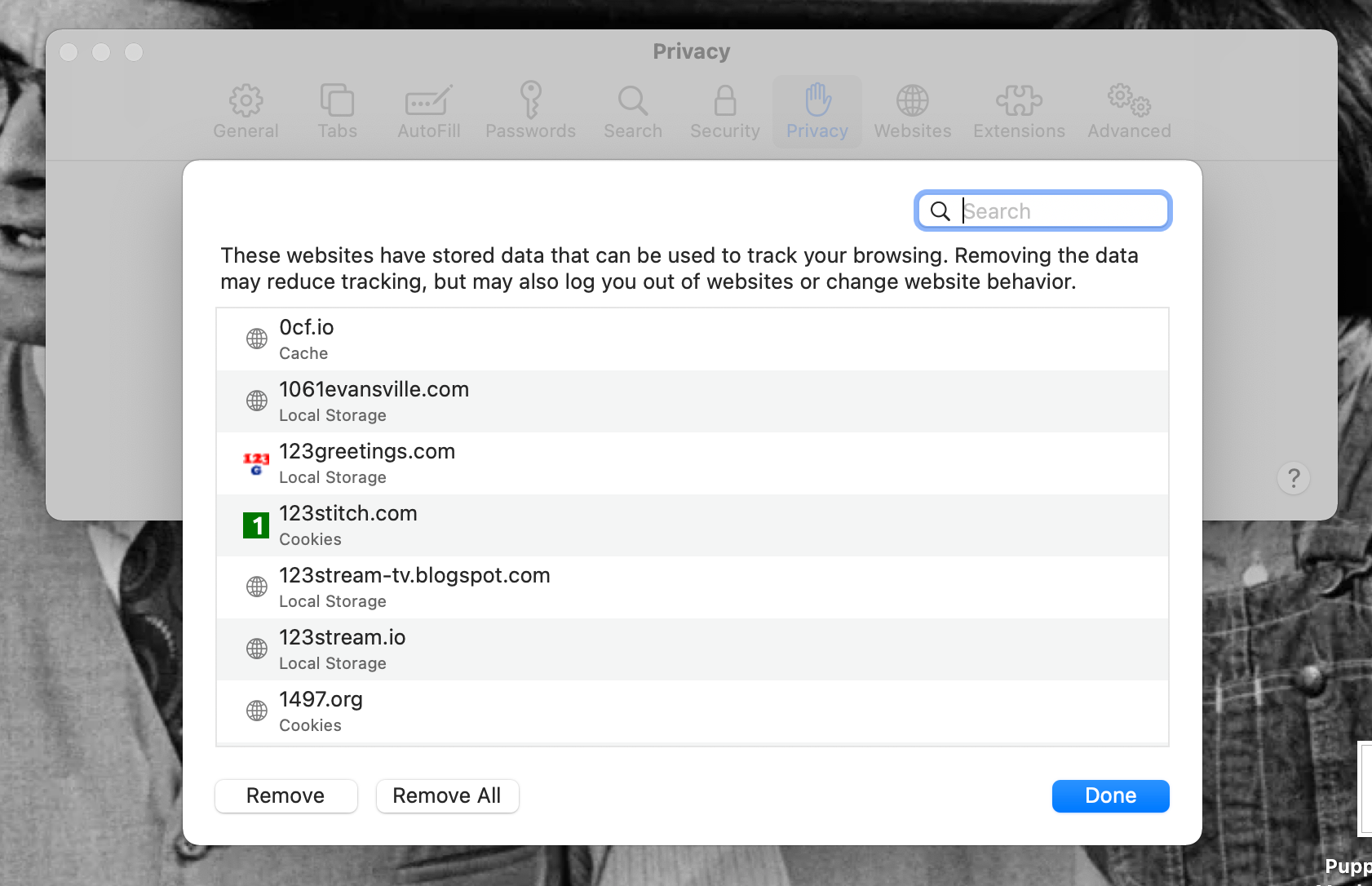 Safari's website data window open in Preferences