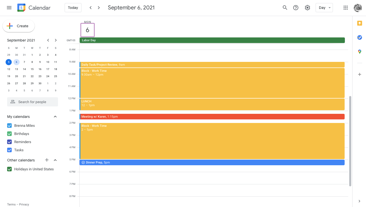 Image shows a sample Google Calendar view with work and personal tasks
