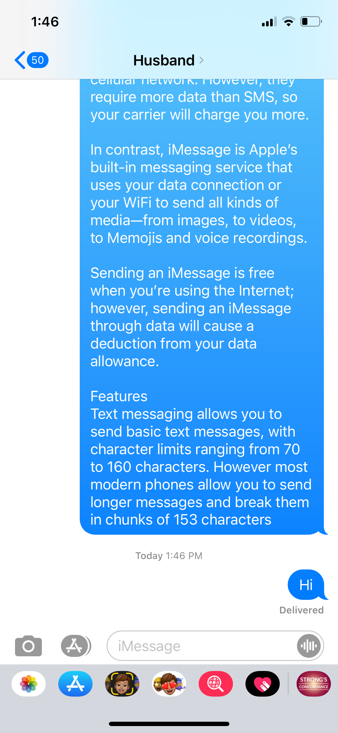 Sample of Long iMessage on iPhone