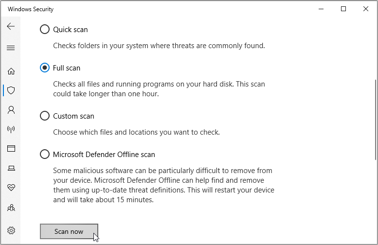 Scanning a PC with the Windows Security tool