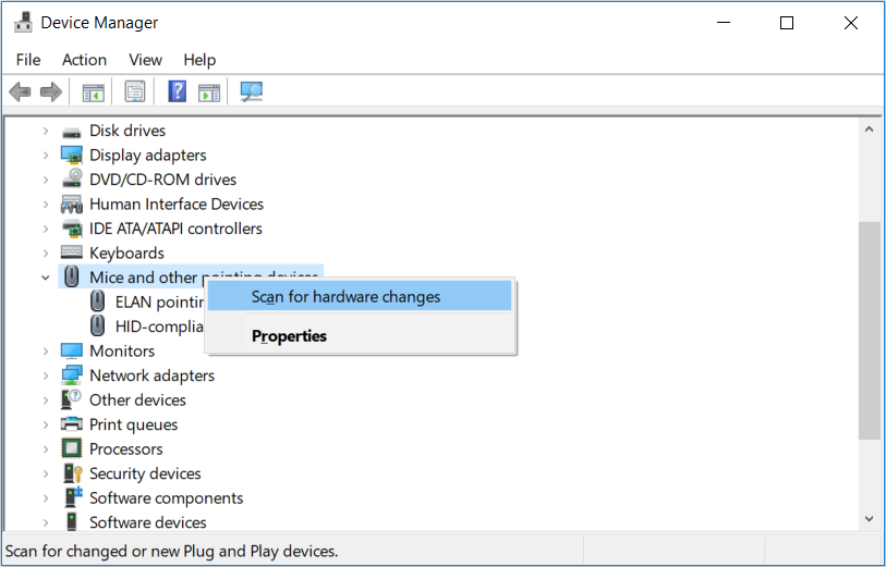 Scanning for hardware changes on the mouse drivers