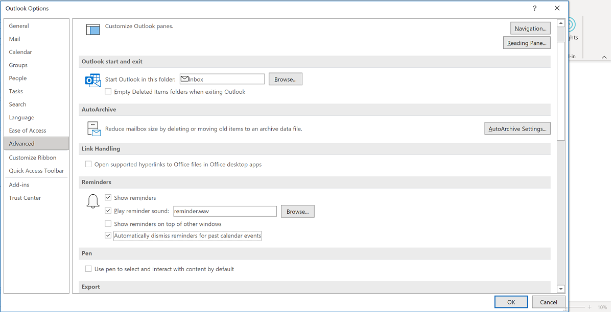 Screenshot of Outlook Advanced Settings Window