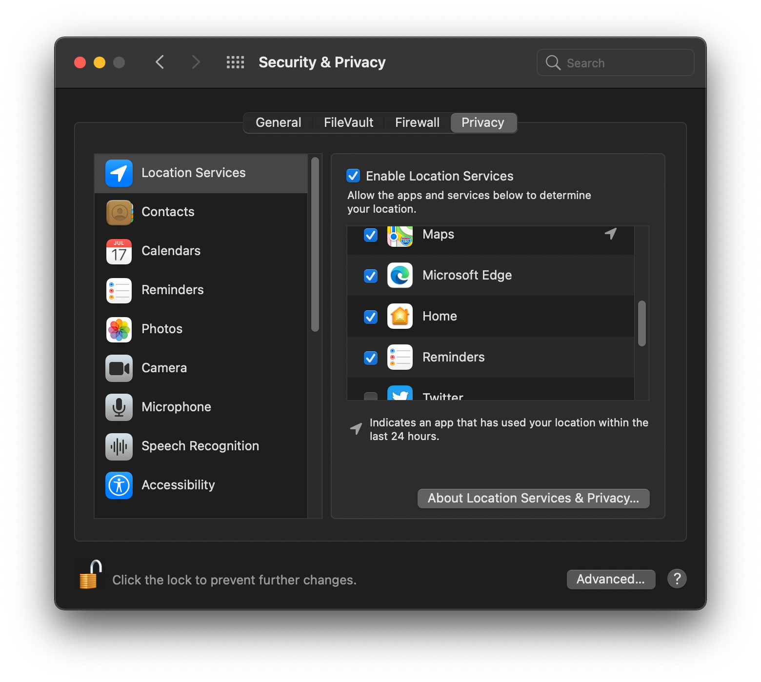 Location Services settings on macOS