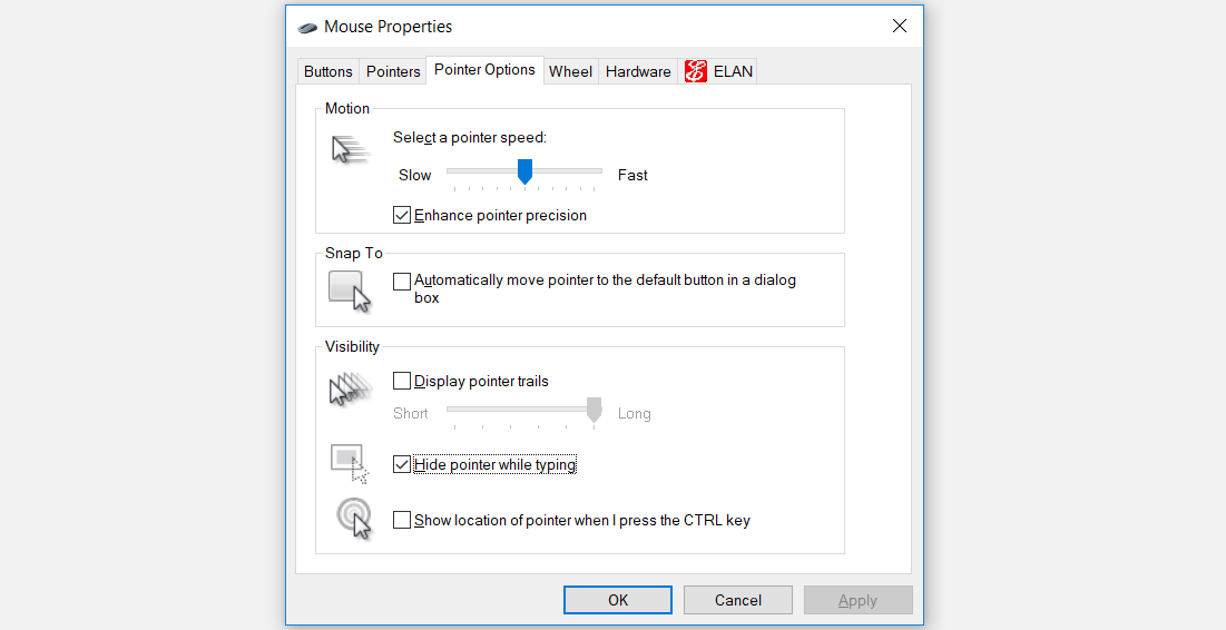 Selecting the Hide pointer while typing box