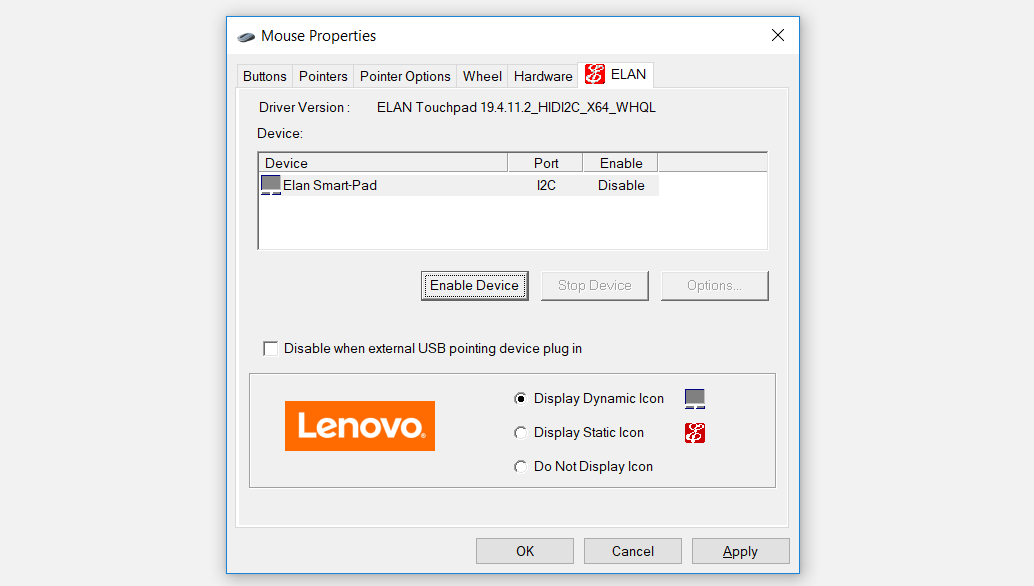 Selecting the Enable Device option to enable the touchpad