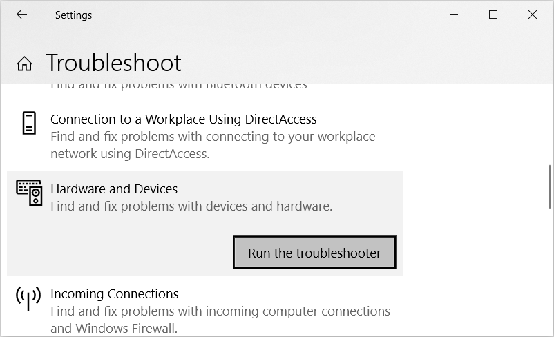 Selecting the Hardware and Devices troubleshooter