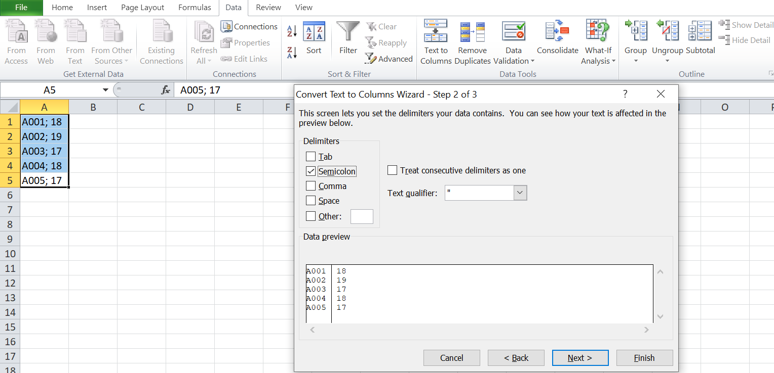 Selecting the Semicolon delimiter - Come dividere le celle di Excel utilizzando un delimitatore