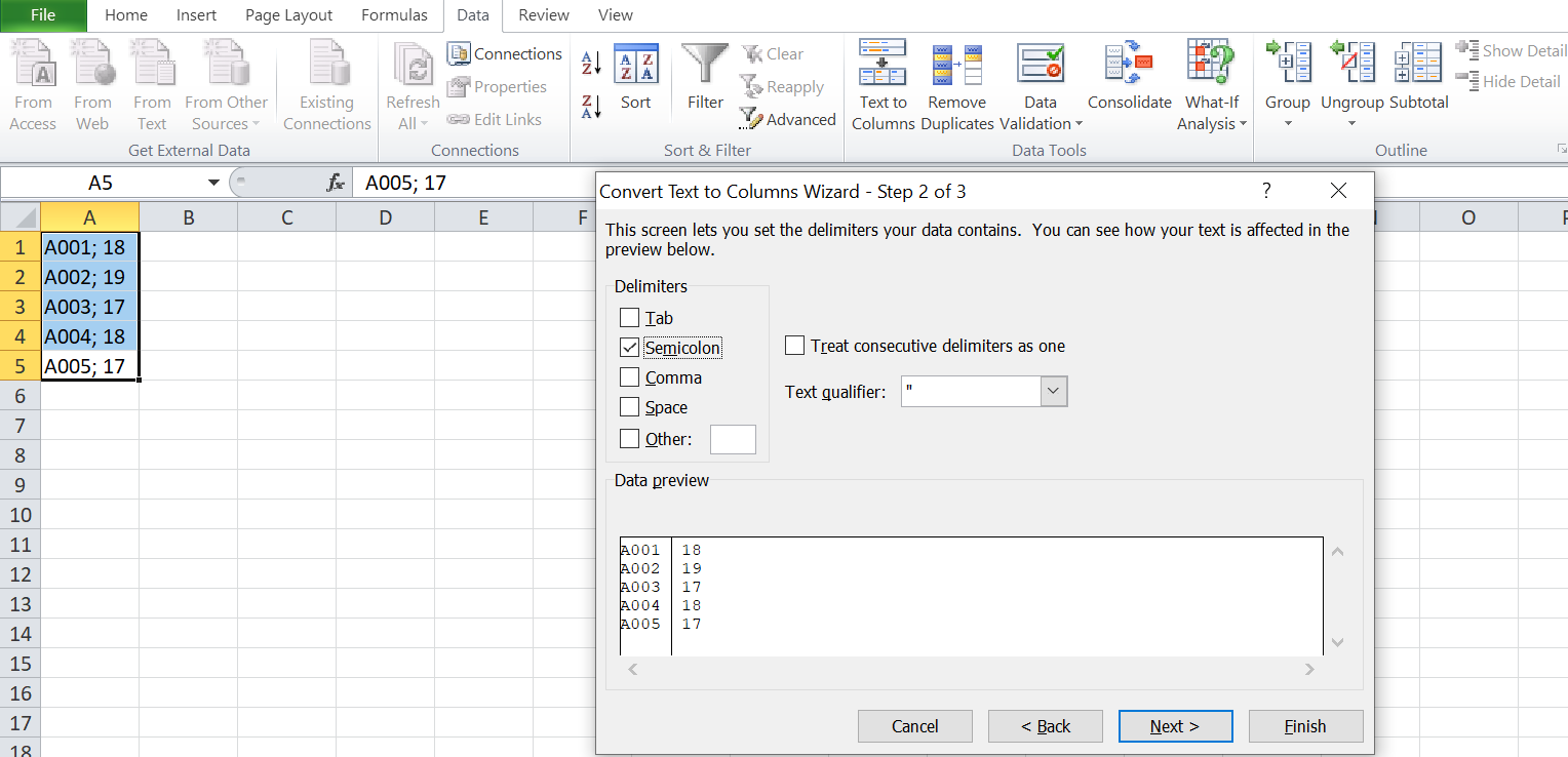 Selecting the Semicolon delimiter