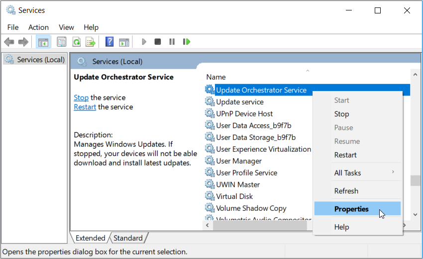 Selecting the Update Orchestrator Service