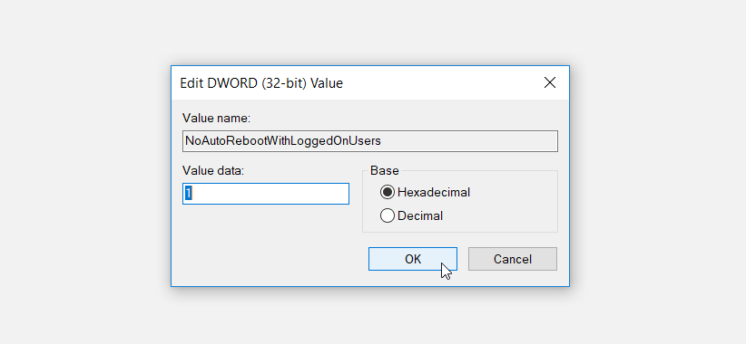Setting the value data to 1 in the Registry Editor