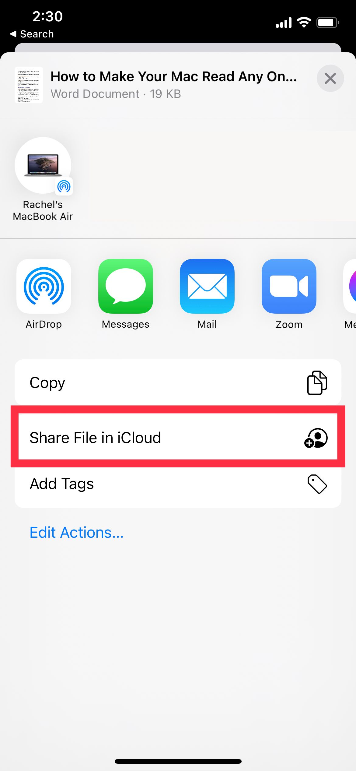 Share File in iCloud Option