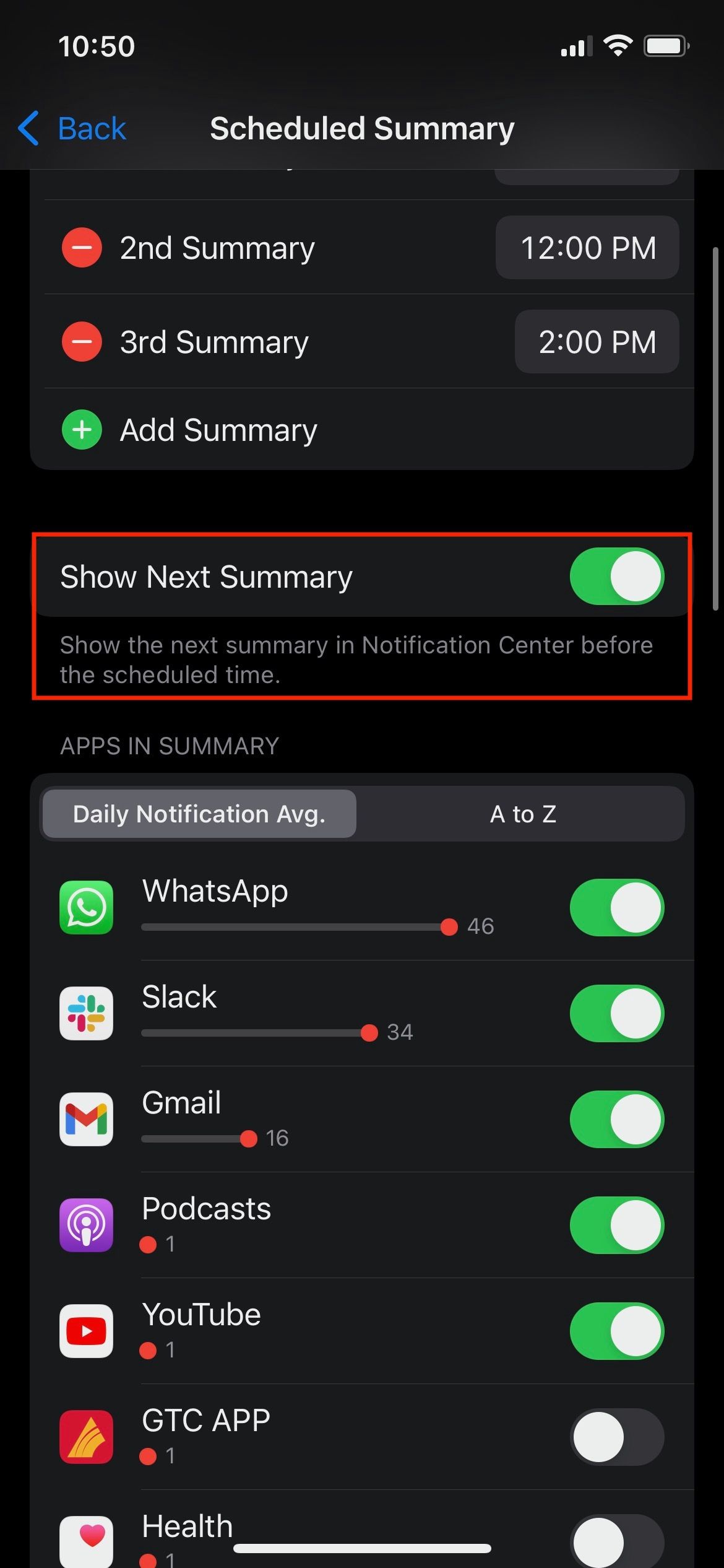 Show Next Summary settings on iPhone