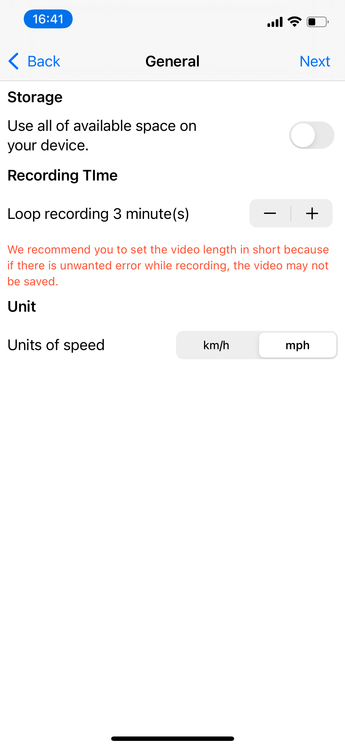 Smart Dash Cam app showing the storage and recording options