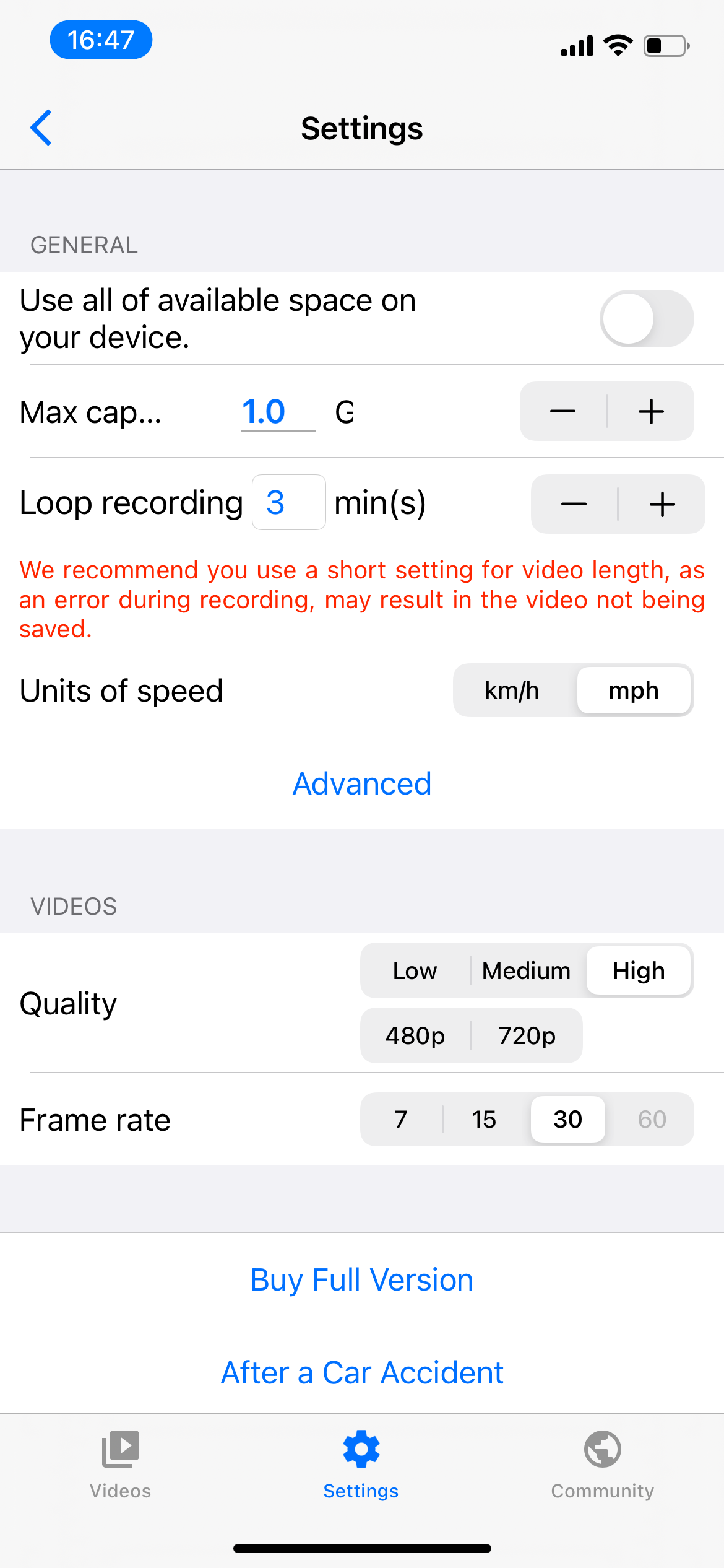 Smart Dash Cam app showing the capacity and quality options