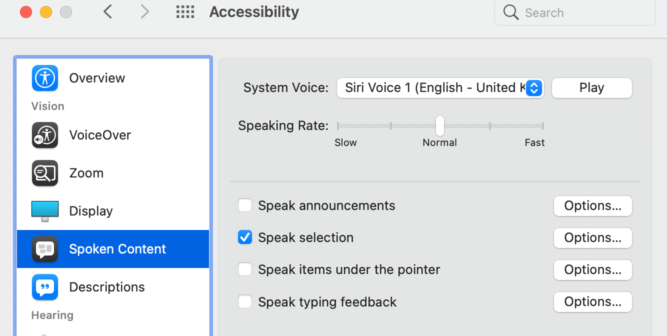Speak Selection on Spoken Content Accessibility Feature